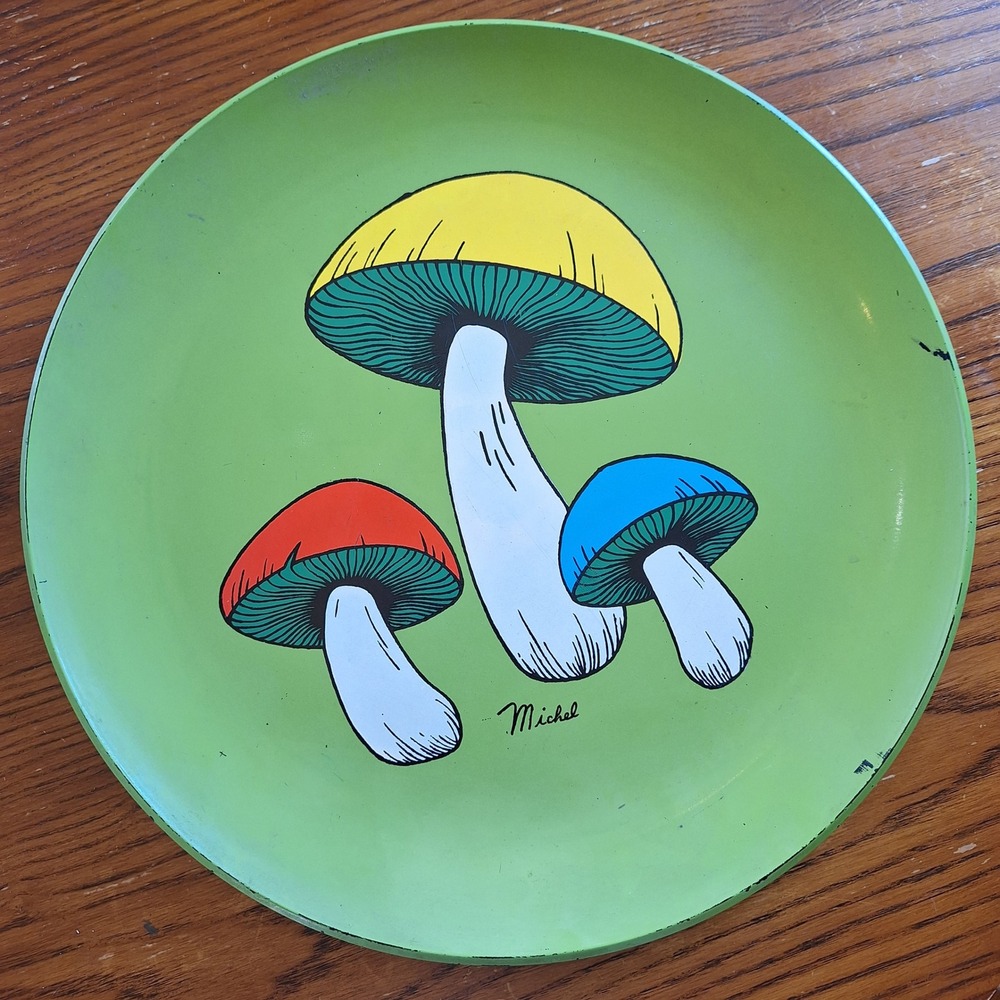 Vintage Mushroom Melamine Plate Giant Large 15" MCM Groovy Retro  Green Michel